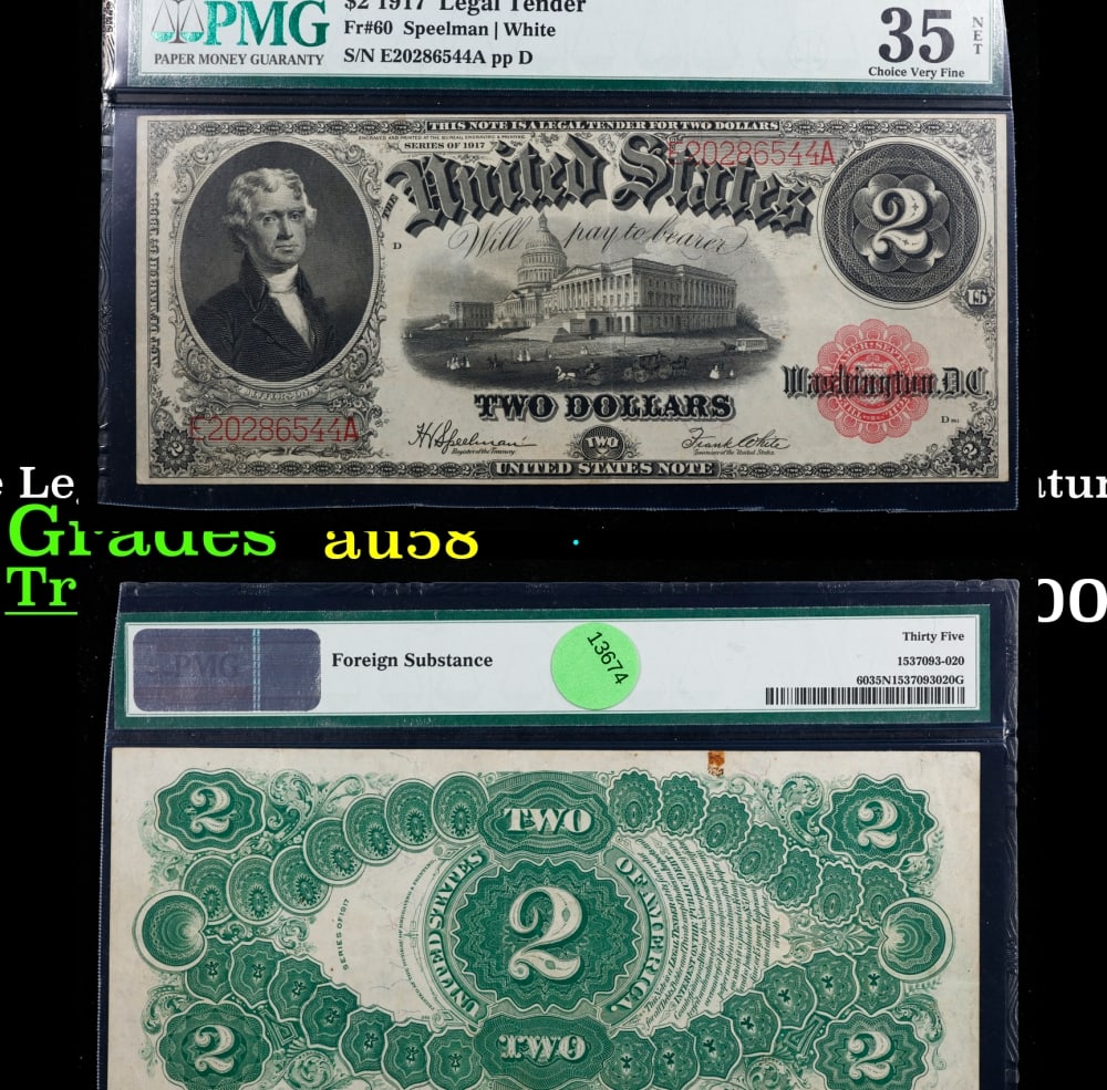 1917 $2 Large Size Legal Tender Note Thomas Jefferson Grades Choice AU/BU Slider Signatures: 1917 $2 Large Size Legal Tender Note Thomas Jefferson Grades Choice AU/BU Slider Signatures Speelman/White. FR-60 This 1917 $2 Jefferson Legal Tender Currency Note is only the second two dollar bill i