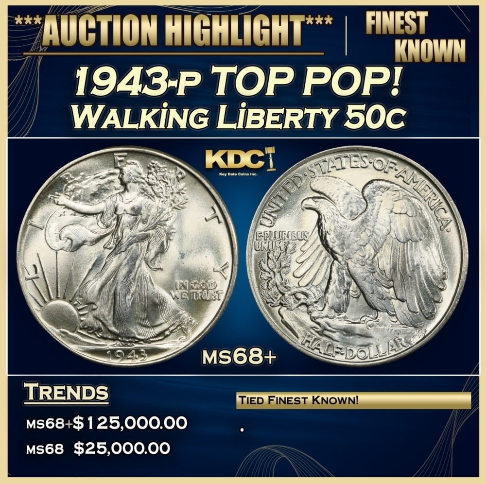 1943-p Walking Liberty Half Dollar TOP POP! 50c ms68+ SEGS: 1943-p TOP POP! Walking Liberty Half Dollar 50c ms68+ SEGS. Historic precious metal trends is causing increased spot pricing by the day. On auctions with set openings, we are doing our best to have it