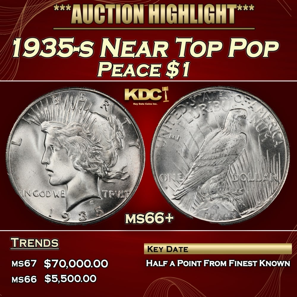 1935-s Peace Dollar Near Top Pop 1 ms66+ SEGS: 1935-s Near Top Pop Peace Dollar 1 ms66+ SEGS. Historic precious metal trends is causing increased spot pricing by the day. On auctions with set openings, we are doing our best to have items priced at