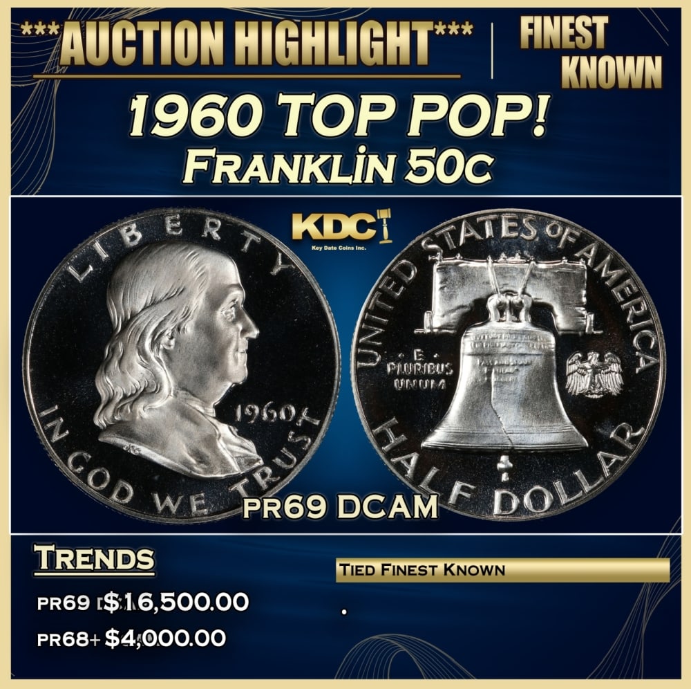 1960 Proof Franklin Half Dollar TOP POP! 50c pr69 DCAM SEGS: 1960 TOP POP! Franklin Half Dollar 50c pr69 DCAM SEGS. A new master die was put into use in 1960. The previous one had been used for an entire decade, causing many proofs from that era to lack contras