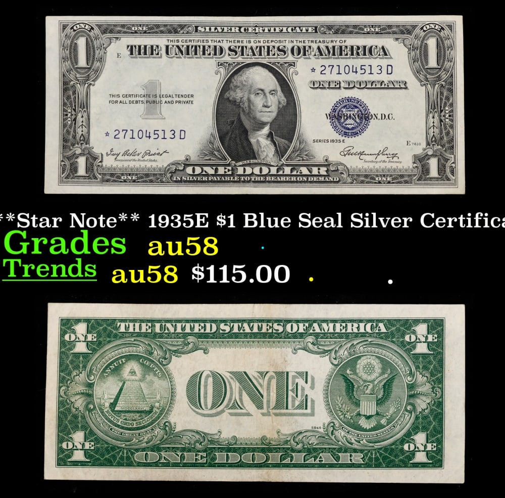 **Star Note** 1935E $1 Blue Seal Silver Certificate Grades Choice AU/BU Slider (1 of 3)