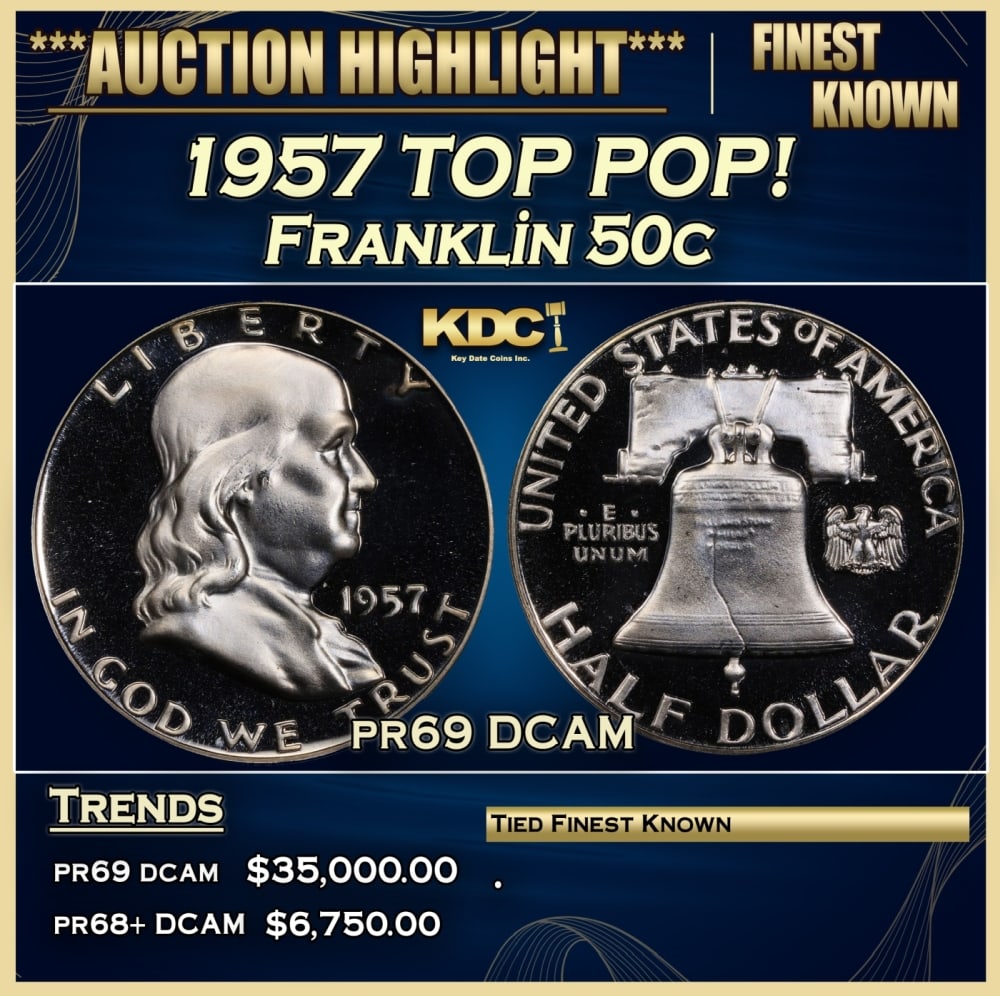1957 Proof Franklin Half Dollar TOP POP! 50c pr69 DCAM SEGS: 1957 TOP POP! Franklin Half Dollar 50c pr69 DCAM SEGS. Historic precious metal trends is causing increased spot pricing by the day. On auctions with set openings, we are doing our best to have items p