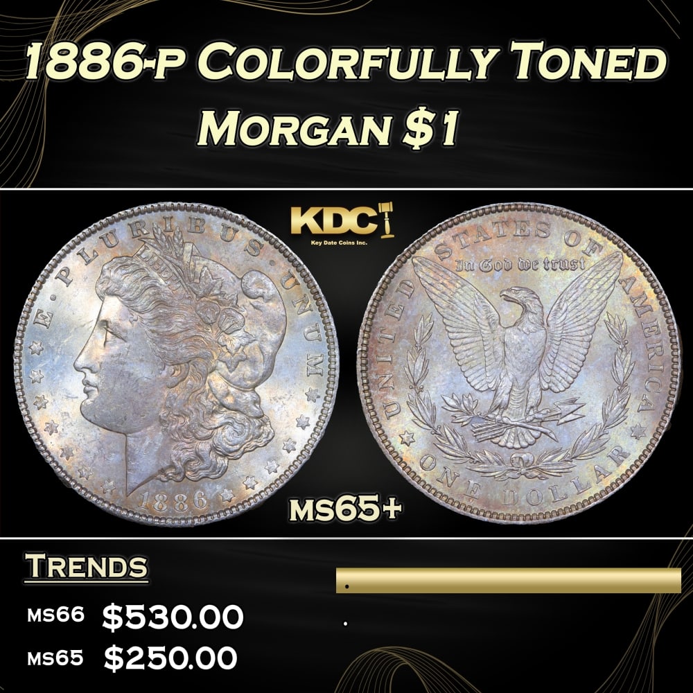 1886-p Morgan Dollar Colorfully Toned $1 Grades ms65+: 1886-p Colorfully Toned Morgan Dollar $1 Grades ms65+. 0 Historic precious metal trends is causing increased spot pricing by the day. On auctions with set openings, we are doing our best to have items