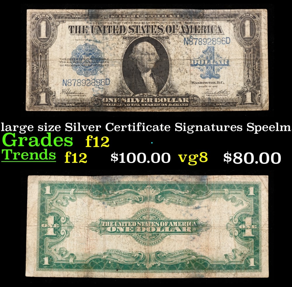 1923 $1 large size Silver Certificate Grades f, fine Signatures Speelman/White (1 of 3)