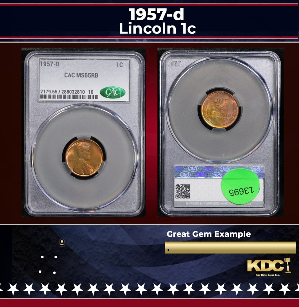 CACG 1957-d Lincoln Cent 1c ms65 rb CACG: CACG 1957-d Lincoln Cent 1c ms65 rb CACG. 0 Historic precious metal trends is causing increased spot pricing by the day. On auctions with set openings, we are doing our best to have items priced at th