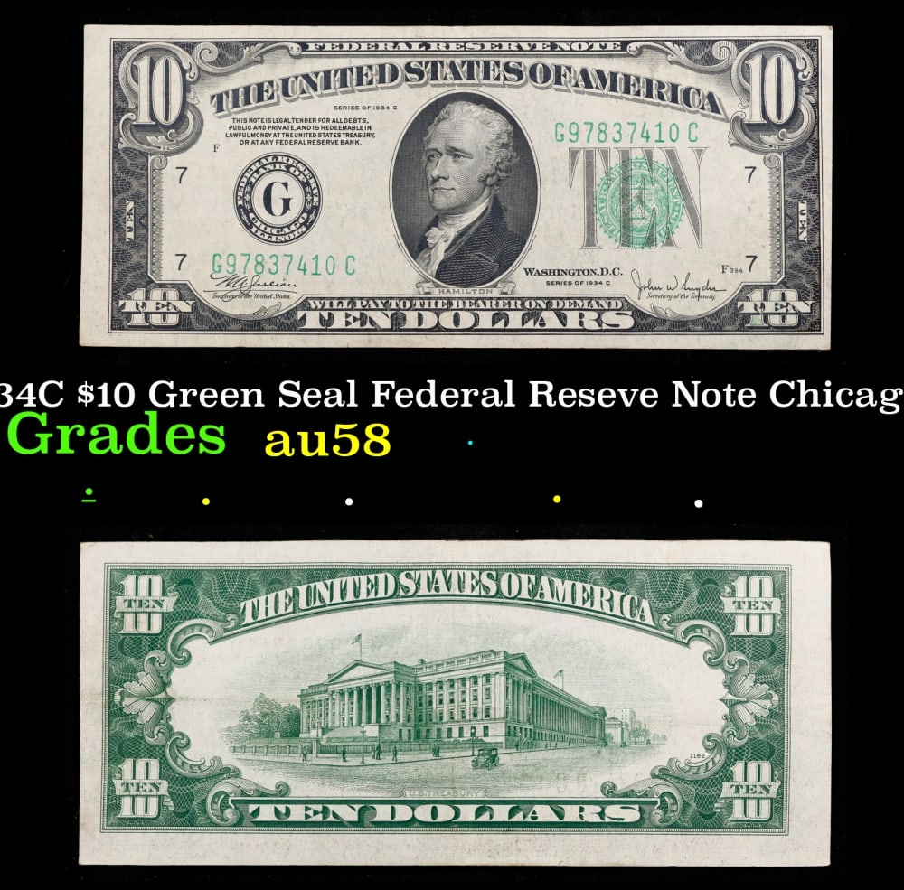 1934C $10 Green Seal Federal Reseve Note Chicago, IL Grades Choice AU/BU Slider: 1934C $10 Green Seal Federal Reseve Note Chicago, IL Grades Choice AU/BU Slider. Historic precious metal trends is causing increased spot pricing by the day. On auctions with set openings, we are doin