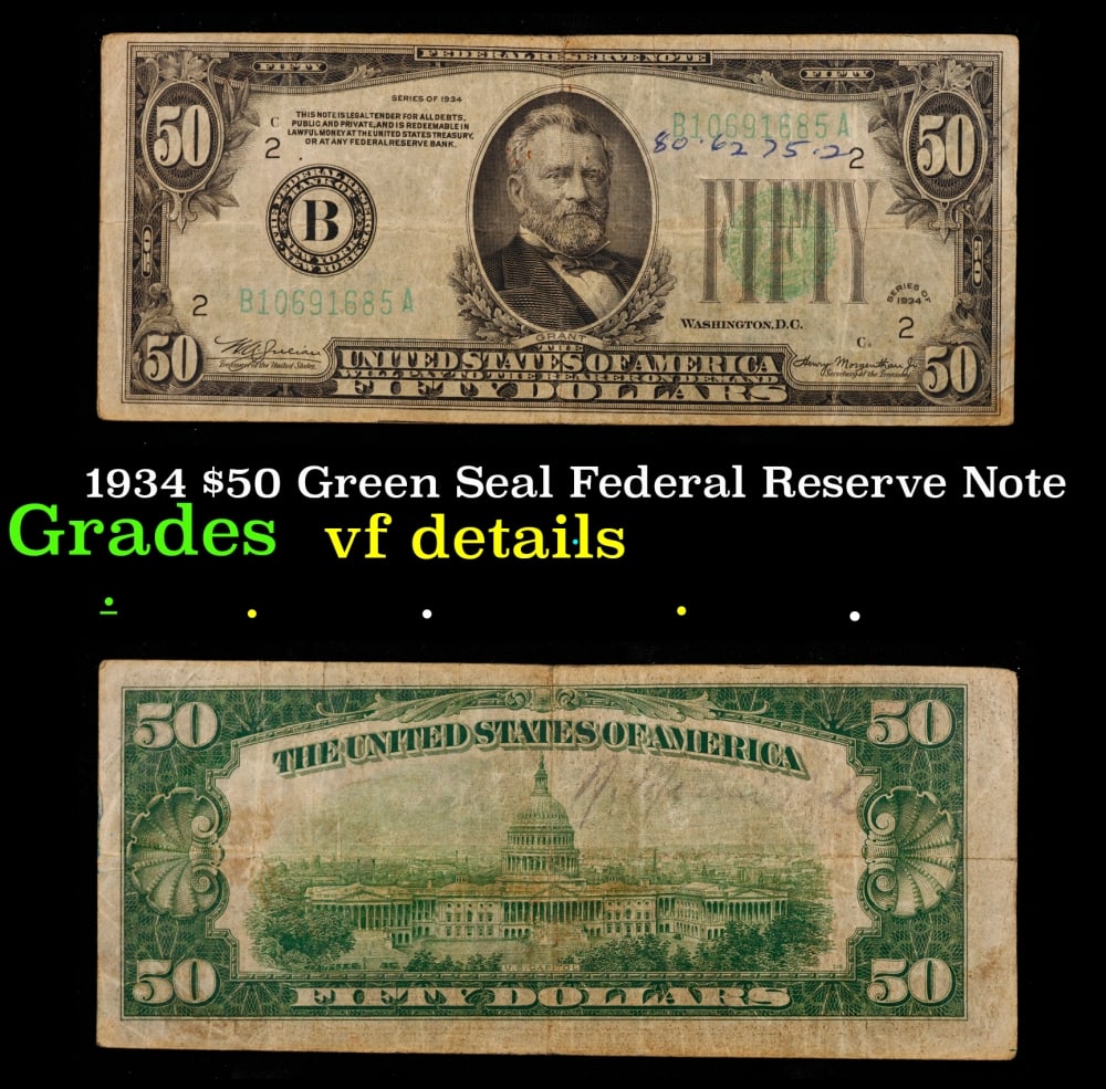 1934 $50 Green Seal Federal Reserve Note Grades vf details: 1934 $50 Green Seal Federal Reserve Note Grades vf details. Historic precious metal trends is causing increased spot pricing by the day. On auctions with set openings, we are doing our best to have it