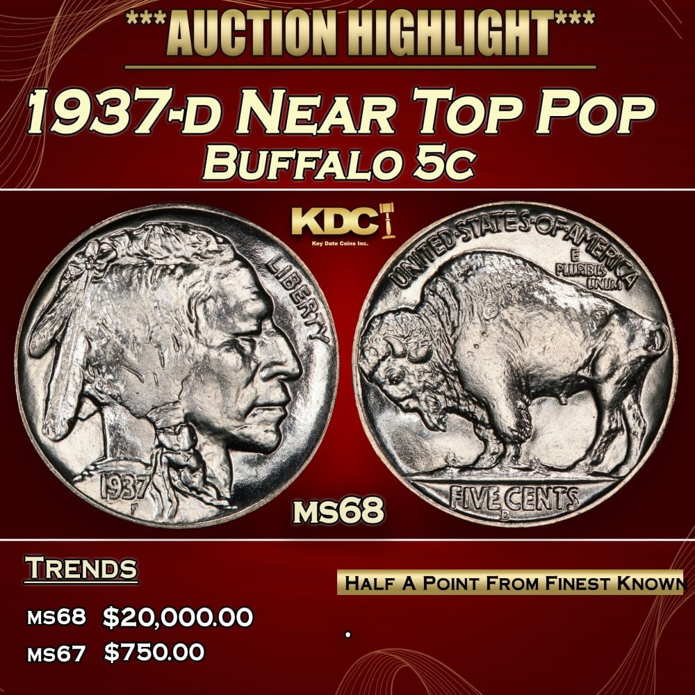 1937-d Buffalo Nickel Near Top Pop 5c ms68 SEGS: 1937-d Near Top Pop Buffalo Nickel 5c ms68 SEGS. Historic precious metal trends is causing increased spot pricing by the day. On auctions with set openings, we are doing our best to have items priced