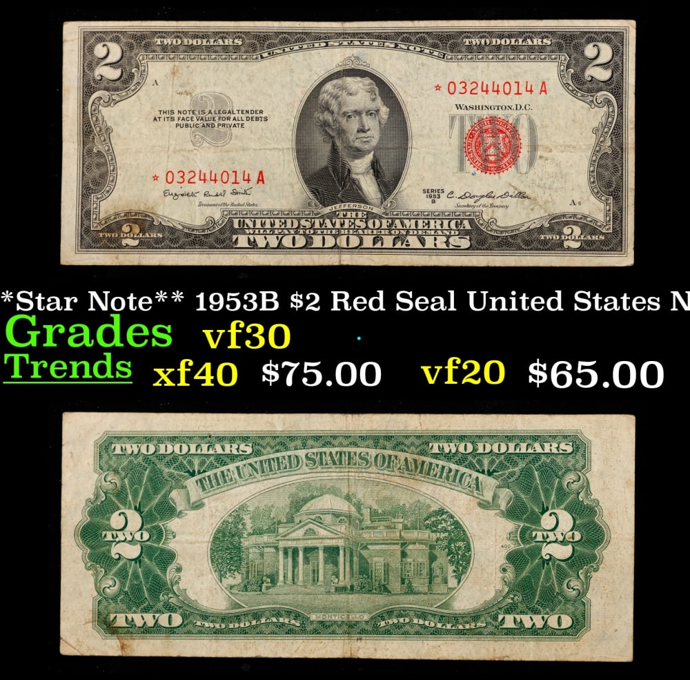 **Star Note** 1953B $2 Red Seal United States Note Grades vf++ (1 of 3)