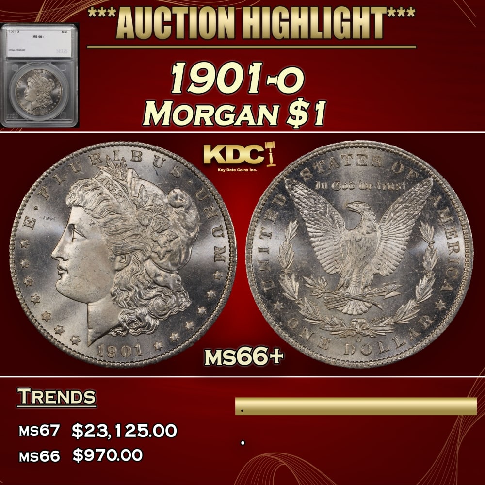 1901-o Morgan Dollar $1 ms66+ SEGS: 1901-o Morgan Dollar $1 ms66+ SEGS. Historic precious metal trends is causing increased spot pricing by the day. On auctions with set openings, we are doing our best to have items priced at their mark