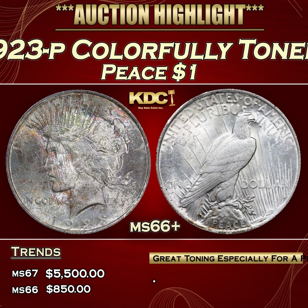 1923-p Peace Dollar Colorfully Toned $1 ms66+ SEGS: 1923-p Colorfully Toned Peace Dollar $1 ms66+ SEGS. 0 Historic precious metal trends is causing increased spot pricing by the day. On auctions with set openings, we are doing our best to have items pr