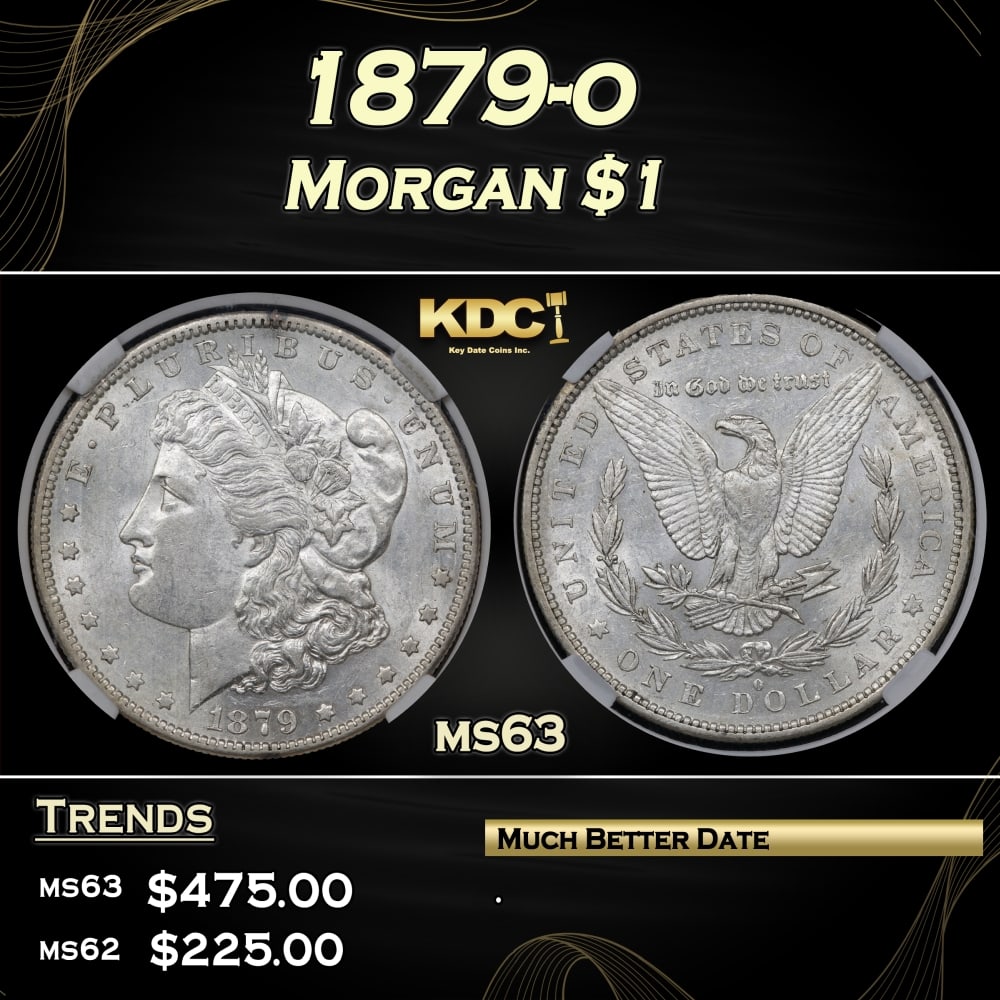 1879-o Morgan Dollar $1 ms63 PGA: 1879-o Morgan Dollar $1 ms63 PGA. 0 Historic precious metal trends is causing increased spot pricing by the day. On auctions with set openings, we are doing our best to have items priced at their mark