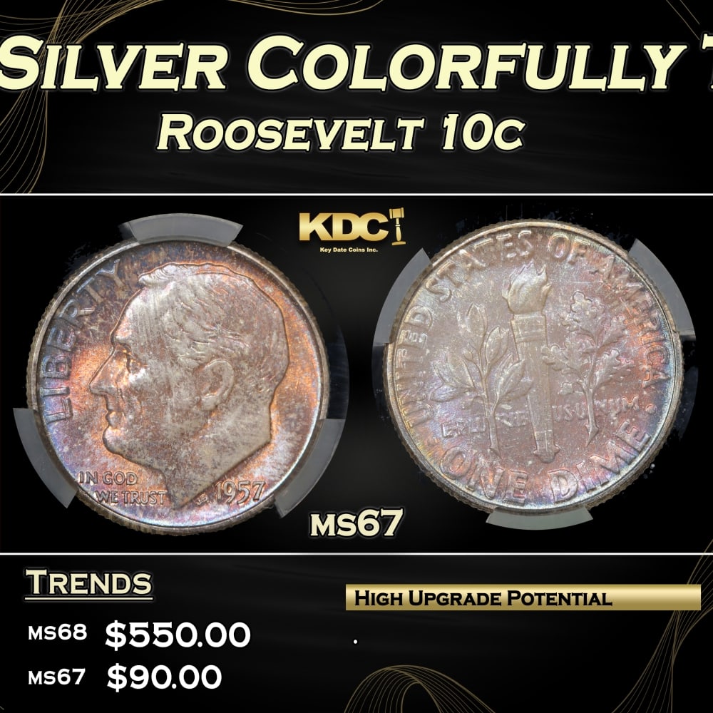 CACG 1957-p Roosevelt Dime Silver Colorfully Toned 10c ms67 CACG (1 of 5)