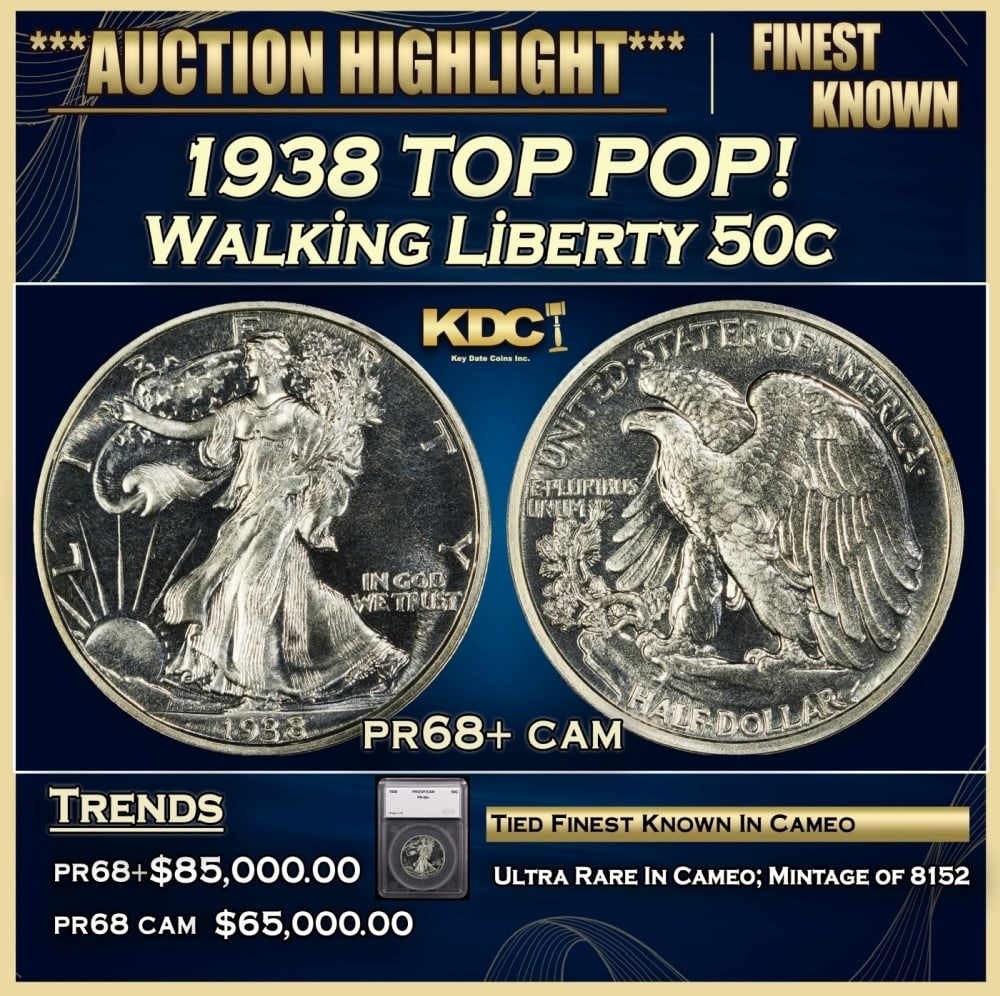 1938 Proof Walking Liberty Half Dollar TOP POP! 50c pr68+ cam SEGS: 1938 TOP POP! Walking Liberty Half Dollar 50c pr68+ cam SEGS. Historic precious metal trends is causing increased spot pricing by the day. On auctions with set openings, we are doing our best to have
