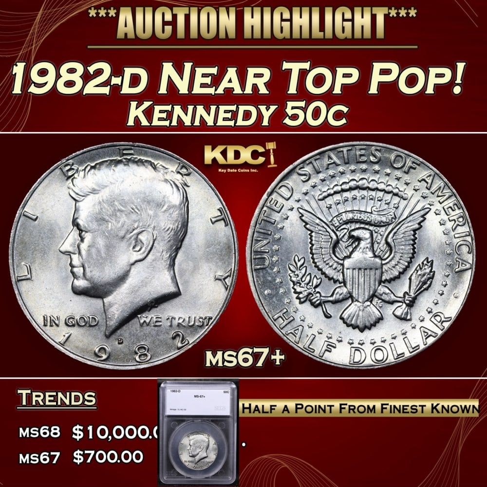 1982-d Kennedy Half Dollar Near Top Pop! 50c ms67+ SEGS: 1982-d Near Top Pop! Kennedy Half Dollar 50c ms67+ SEGS. Historic precious metal trends is causing increased spot pricing by the day. On auctions with set openings, we are doing our best to have items