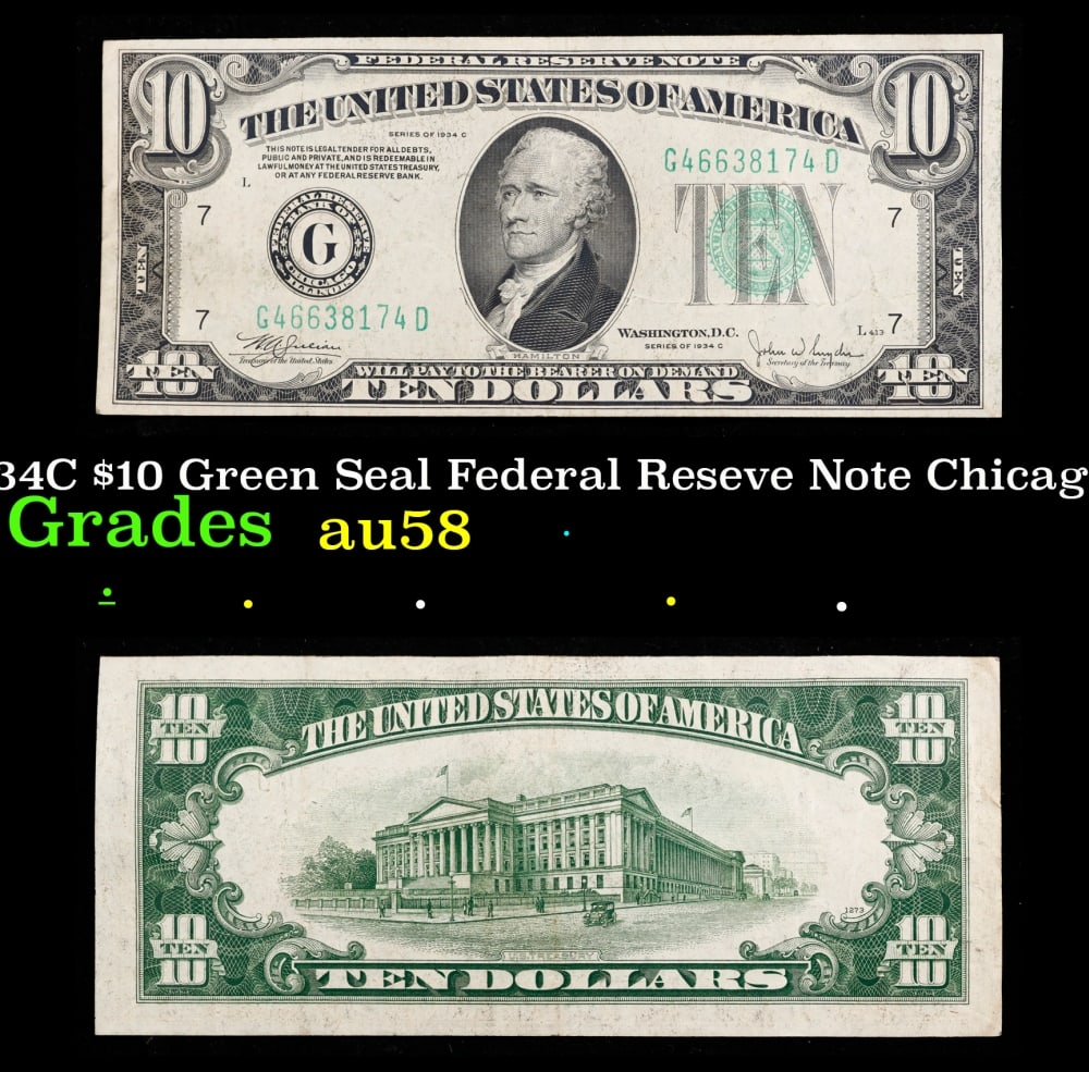 1934C $10 Green Seal Federal Reseve Note Chicago, IL Grades Choice AU/BU Slider: 1934C $10 Green Seal Federal Reseve Note Chicago, IL Grades Choice AU/BU Slider. Historic precious metal trends is causing increased spot pricing by the day. On auctions with set openings, we are doin