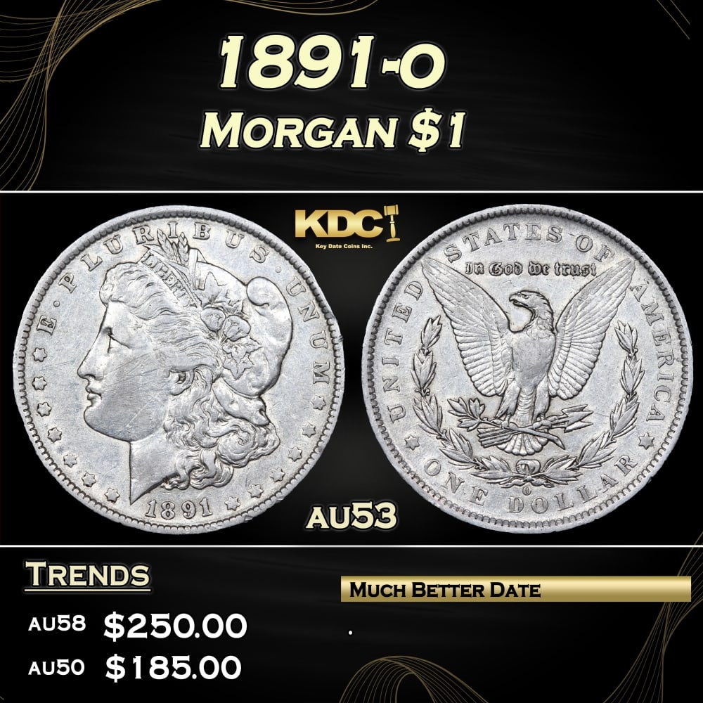 1891-o Morgan Dollar $1 Grades au53: 1891-o Morgan Dollar $1 Grades au53. 0 Historic precious metal trends is causing increased spot pricing by the day. On auctions with set openings, we are doing our best to have items priced at their m