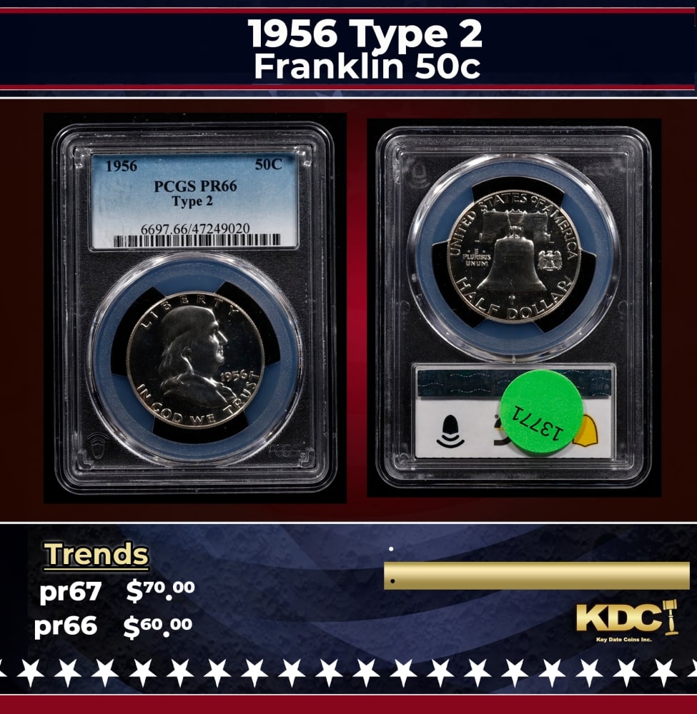 PCGS 1956 Type 2 Proof Franklin Half Dollar 50c pr66 PCGS: PCGS 1956 Type 2 Franklin Half Dollar 50c pr66 PCGS. 0 Historic precious metal trends is causing increased spot pricing by the day. On auctions with set openings, we are doing our best to have items p
