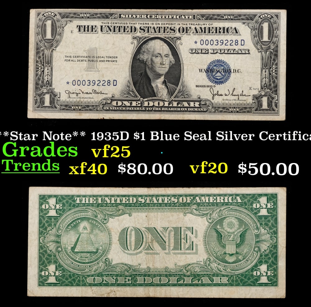 **Star Note** 1935D $1 Blue Seal Silver Certificate Grades vf+: **Star Note** 1935D $1 Blue Seal Silver Certificate Grades vf+. Historic precious metal trends is causing increased spot pricing by the day. On auctions with set openings, we are doing our best to hav