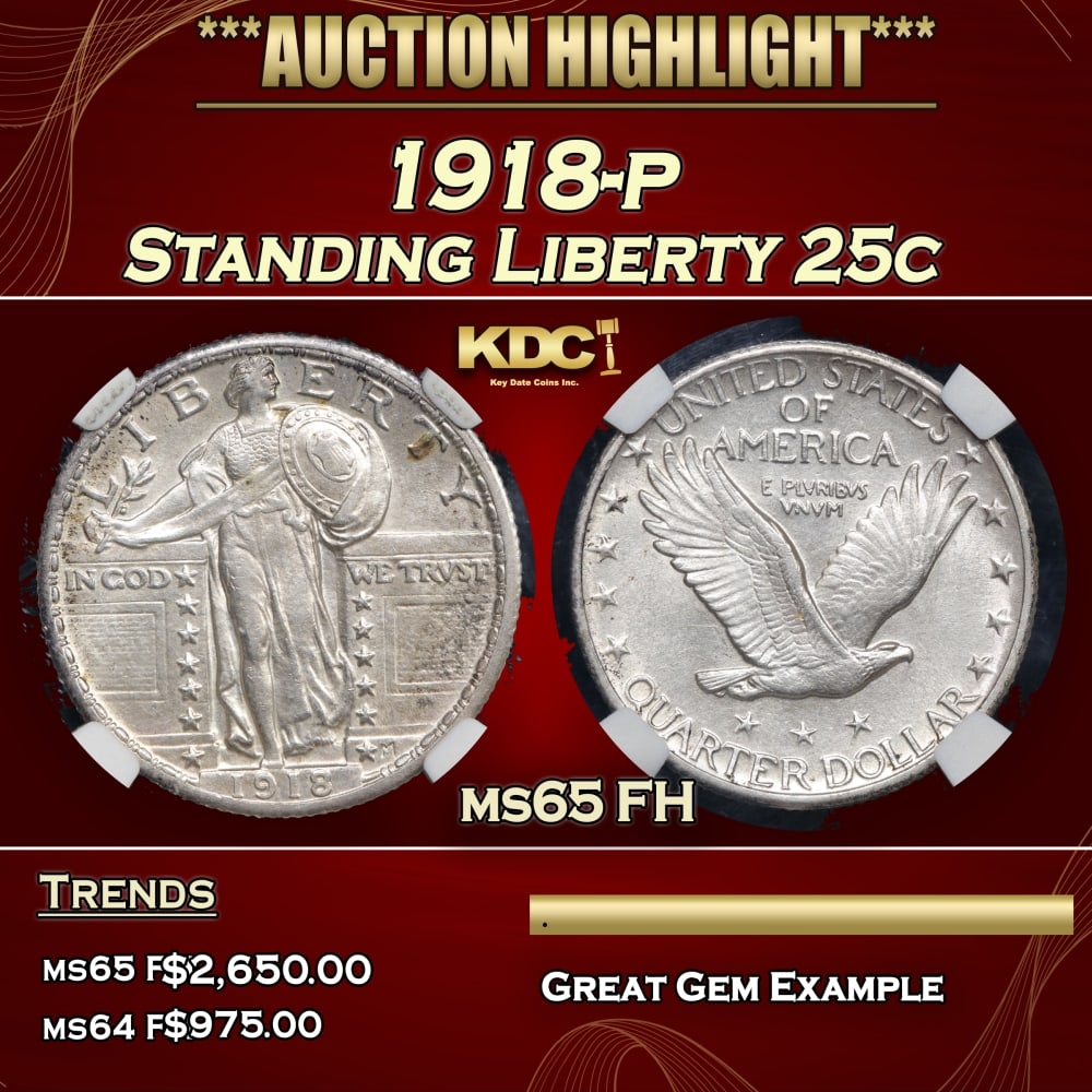 1918-p Standing Liberty Quarter 25c ms65 FH PGA (1 of 5)