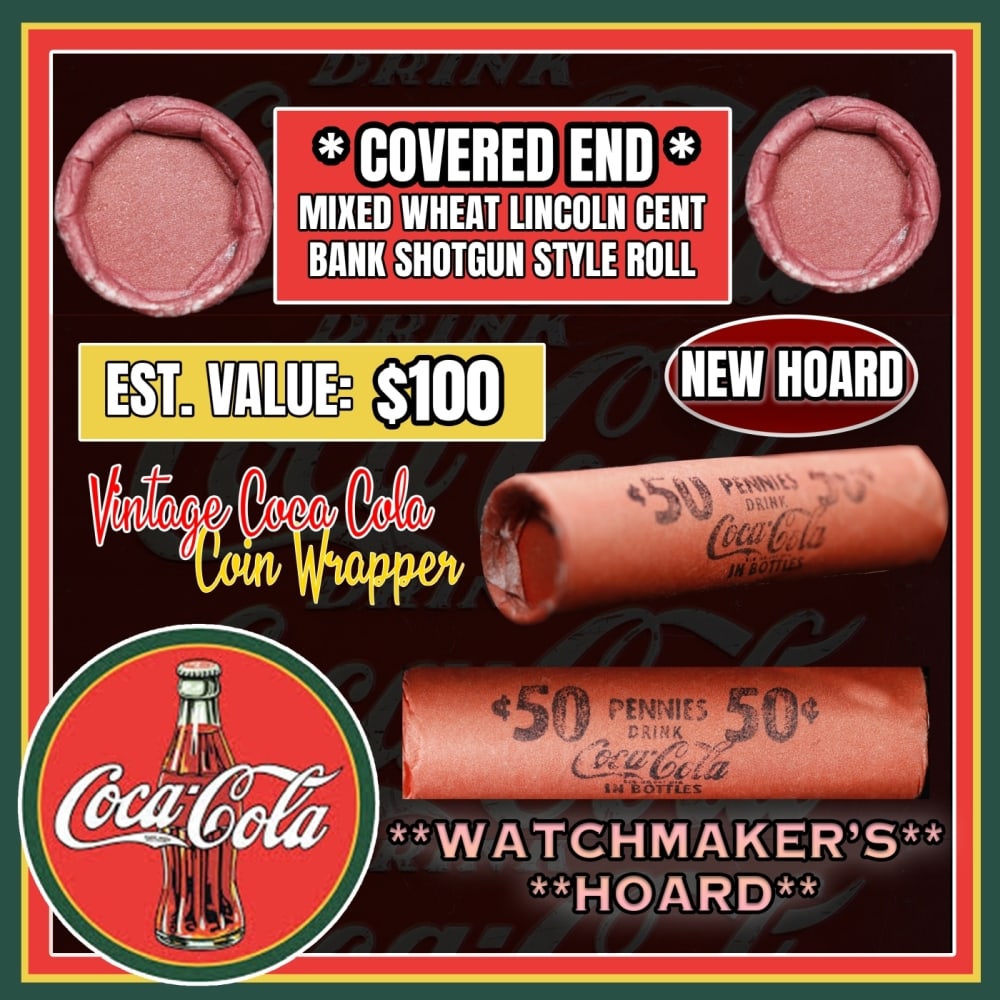 NEW! *Watchmakers Hoard* Original Covered End Coca Cola Mixed Lincoln Wheat Cent Roll 1c 50 Coins: NEW! *Watchmakers Hoard* Original Covered End Coca Cola Mixed Lincoln Wheat Cent Roll 1c 50 Coins 1909-1958 Some BU WOW!. Up For Auction is 1 Roll of Wheat Cents From "The Watchmaker's Hoard”. o