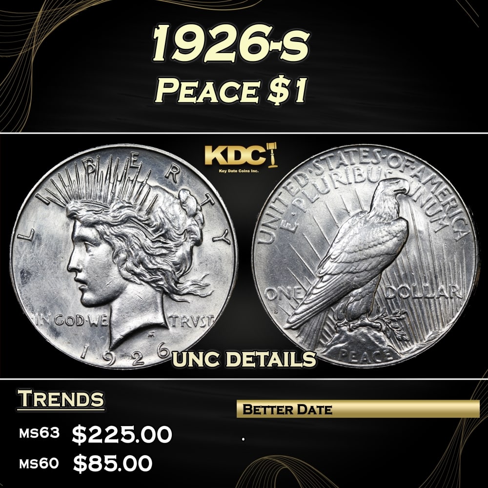1926-s Peace Dollar $1 Grades unc details: 1926-s Peace Dollar $1 Grades unc details. 0 Historic precious metal trends is causing increased spot pricing by the day. On auctions with set openings, we are doing our best to have items priced at t