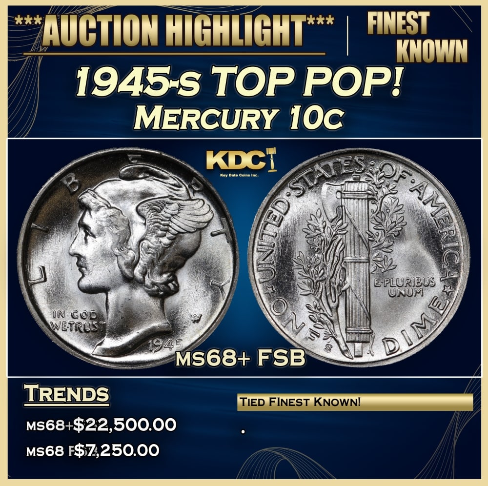 1945-s Mercury Dime TOP POP! 10c ms68+ FSB SEGS: 1945-s TOP POP! Mercury Dime 10c ms68+ FSB SEGS. 0 Historic precious metal trends is causing increased spot pricing by the day. On auctions with set openings, we are doing our best to have items price
