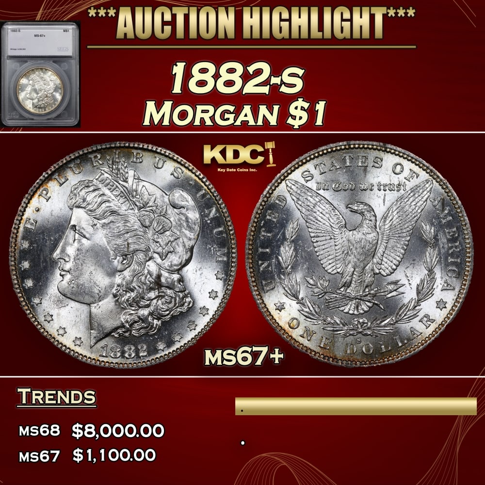 1882-s Morgan Dollar $1 ms67+ SEGS: 1882-s Morgan Dollar $1 ms67+ SEGS. 0 Historic precious metal trends is causing increased spot pricing by the day. On auctions with set openings, we are doing our best to have items priced at their ma