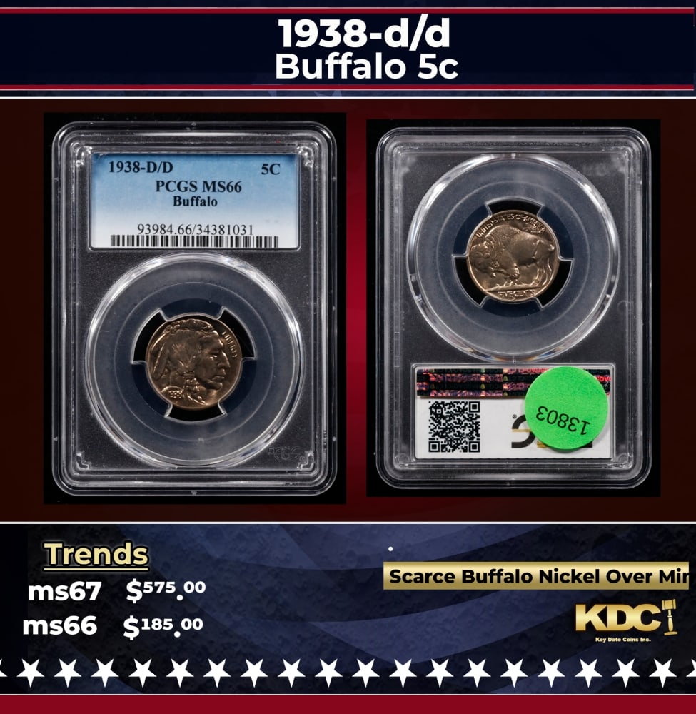 PCGS 1938-d/d Buffalo Nickel 5c ms66 PCGS: PCGS 1938-d/d Buffalo Nickel 5c ms66 PCGS. 0 Historic precious metal trends is causing increased spot pricing by the day. On auctions with set openings, we are doing our best to have items priced at t