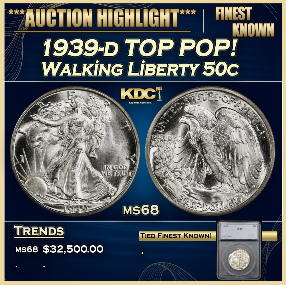 1939-d Walking Liberty Half Dollar TOP POP! 50c ms68 SEGS: 1939-d TOP POP! Walking Liberty Half Dollar 50c ms68 SEGS. Historic precious metal trends is causing increased spot pricing by the day. On auctions with set openings, we are doing our best to have ite