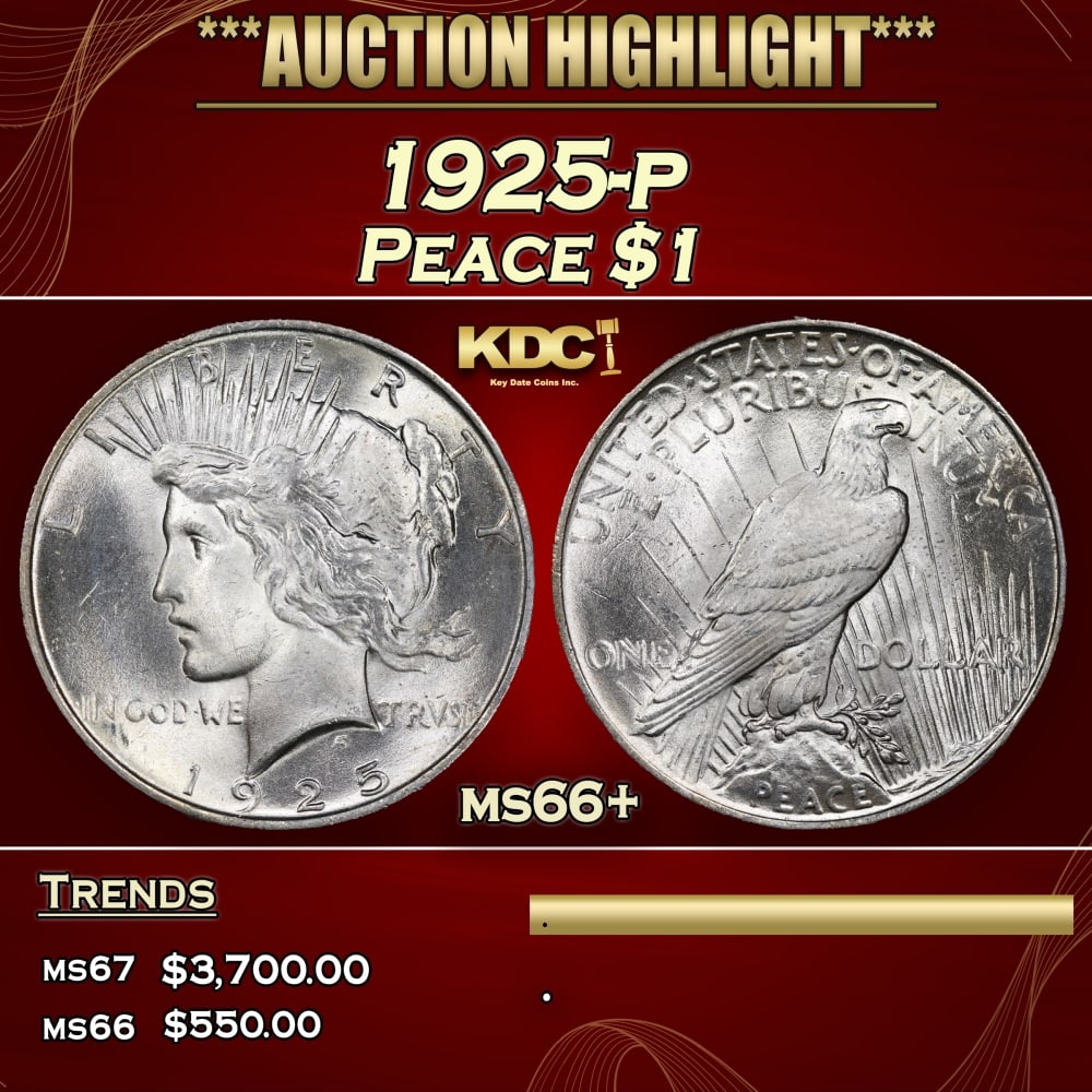 1925-p Peace Dollar $1 ms66+ SEGS: 1925-p Peace Dollar $1 ms66+ SEGS. 0 Historic precious metal trends is causing increased spot pricing by the day. On auctions with set openings, we are doing our best to have items priced at their mar