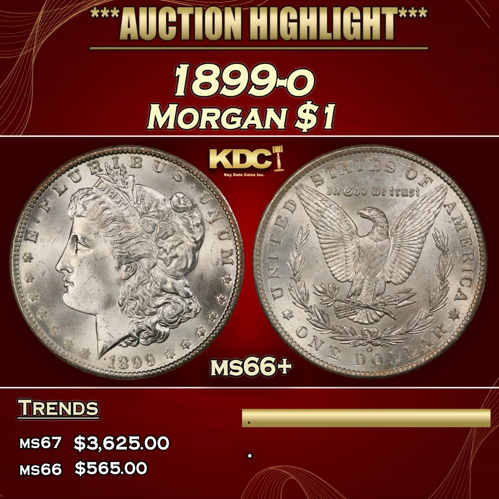 1899-o Morgan Dollar $1 ms66+ SEGS: 1899-o Morgan Dollar $1 ms66+ SEGS. Historic precious metal trends is causing increased spot pricing by the day. On auctions with set openings, we are doing our best to have items priced at their mark