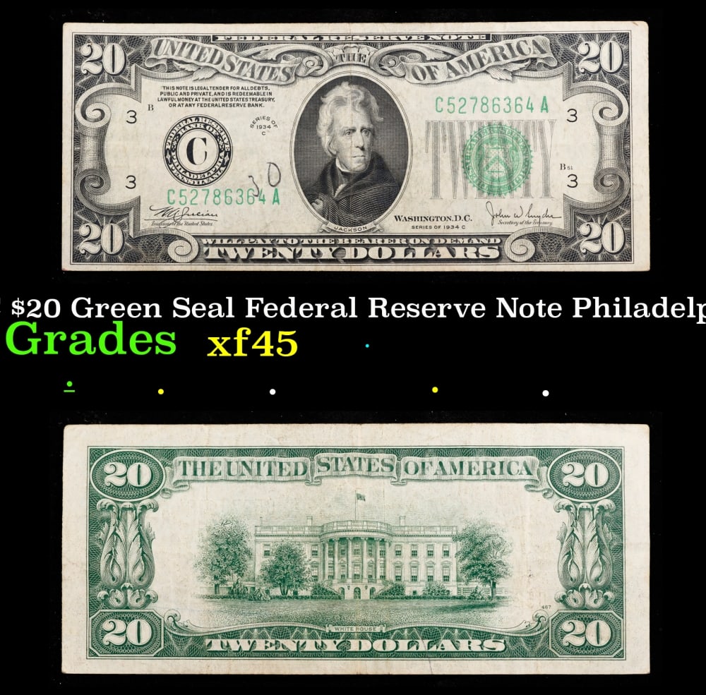 1934C $20 Green Seal Federal Reserve Note Philadelphia, PA Grades xf+: 1934C $20 Green Seal Federal Reserve Note Philadelphia, PA Grades xf+. Historic precious metal trends is causing increased spot pricing by the day. On auctions with set openings, we are doing our best