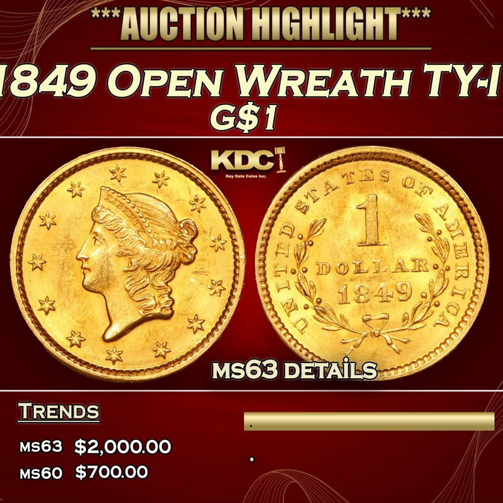 1849 Open Wreath Gold Dollar TY-I $1 ms63 details SEGS: 1849 Open Wreath TY-I Gold Dollar $1 ms63 details SEGS. 0 Historic precious metal trends is causing increased spot pricing by the day. On auctions with set openings, we are doing our best to have item