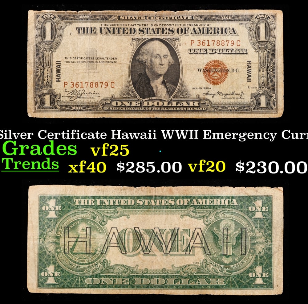 1935A $1 Silver Certificate Hawaii WWII Emergency Currency Grades vf+ Block: 1935A $1 Silver Certificate Hawaii WWII Emergency Currency Grades vf+ Block. FR-2300 The $1 Hawaii Note Came in 7 Blocks the SC Block Which is the most common, The LC, PC, CC, and YB Blocks are All eq