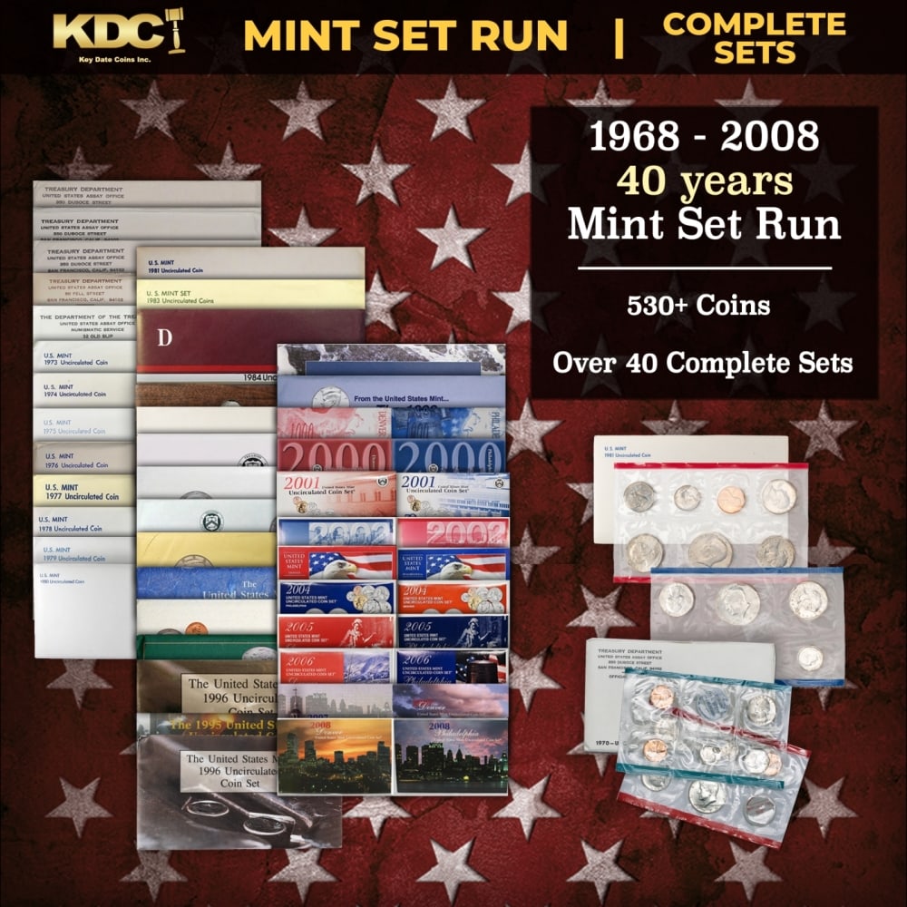 1968-2008 40 Years Mint Set Run - 533 Coins, 41 Complete Sets: 1968-2008 40 Years Mint Set Run - 533 Coins, 41 Complete Sets. 1968-2008 40 Years Mint Set Run - 535 Coins, 41 Complete Sets. This set includes all 50 State Quarter varieties. The 1996 Mint Set contai