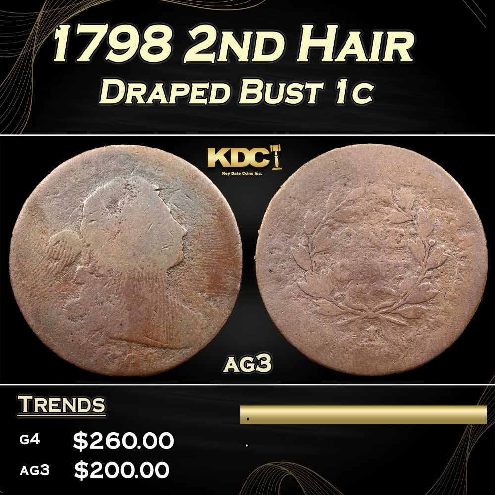 1798 2nd Hair Draped Bust Large Cent 1c ag3 SEGS: 1798 2nd Hair Draped Bust Large Cent 1c ag3 SEGS. 0 Historic precious metal trends is causing increased spot pricing by the day. On auctions with set openings, we are doing our best to have items pric
