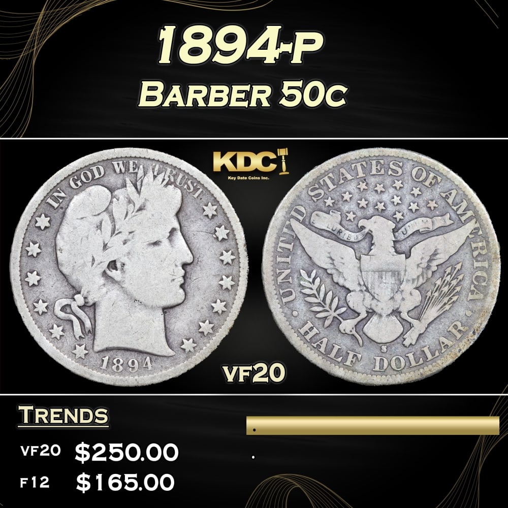 1894-p Barber Half Dollars 50c Grades vf20 (1 of 3)