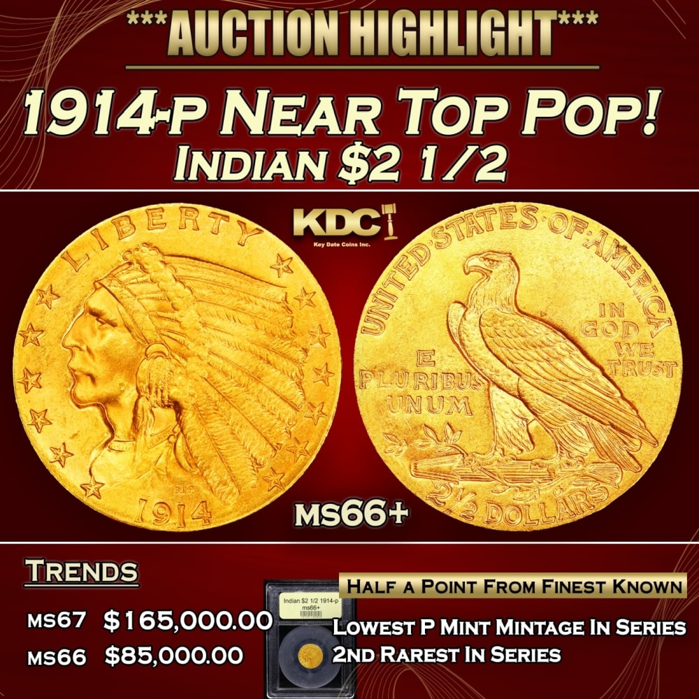 1914-p Gold Indian Quarter Eagle Near Top Pop! 2.5 ms66+ USCG: 1914-p Near Top Pop! Gold Indian Quarter Eagle 2.5 ms66+ USCG. The 1914 Indian quarter eagle boasts the lowest mintage of any Philadelphia issue of the series, at a mere 240,000 pieces. The 1914 is al