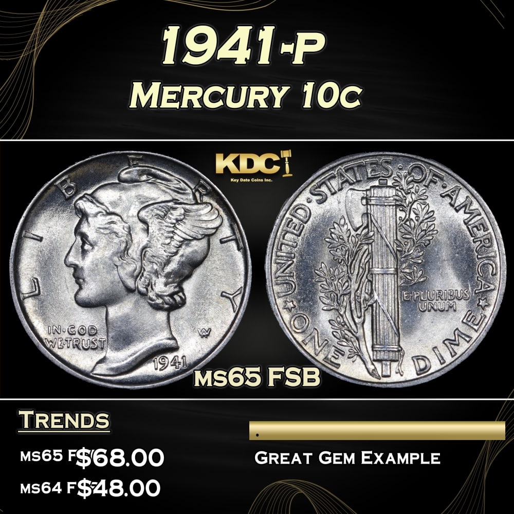 1941-p Mercury Dime 10c Grades ms65 FSB (1 of 3)