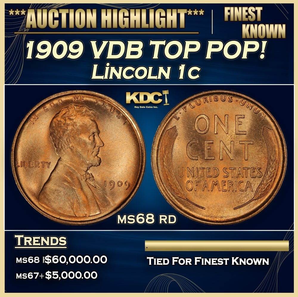 1909 VDB Lincoln Cent TOP POP! 1c ms68 rd SEGS: 1909 VDB TOP POP! Lincoln Cent 1c ms68 rd SEGS. Always sought after date. Always popular. Historic precious metal trends is causing increased spot pricing by the day. On auctions with set openings, we
