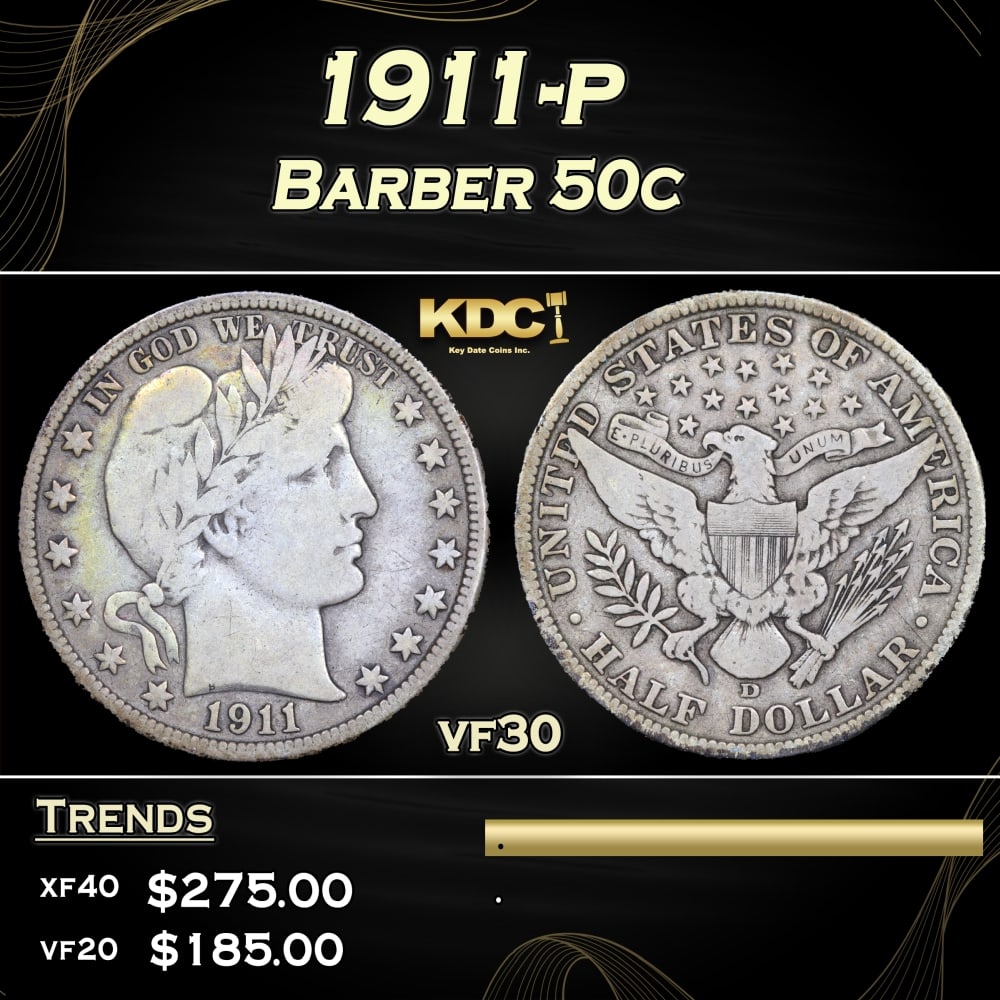 1911-p Barber Half Dollars 50c Grades vf30 (1 of 3)