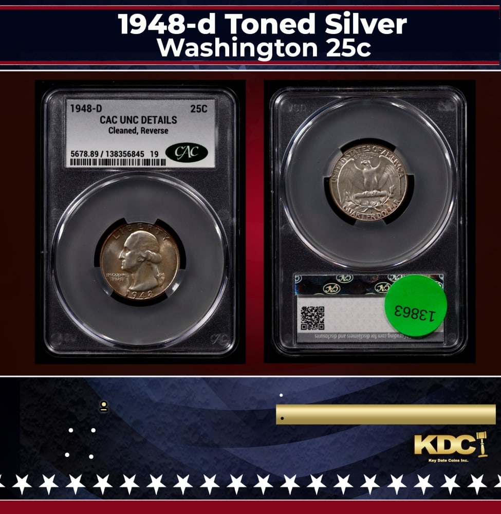 CACG 1948-d Washington Quarter Toned Silver 25c unc details CACG: CACG 1948-d Toned Silver Washington Quarter 25c unc details CACG. 0 Historic precious metal trends is causing increased spot pricing by the day. On auctions with set openings, we are doing our best to