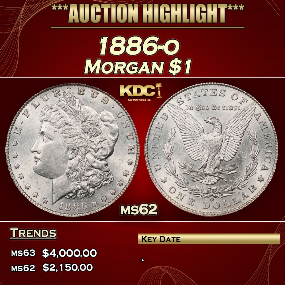1886-o Morgan Dollar $1 ms62 USCG: 1886-o Morgan Dollar $1 ms62 USCG. Historic precious metal trends is causing increased spot pricing by the day. On auctions with set openings, we are doing our best to have items priced at their marke