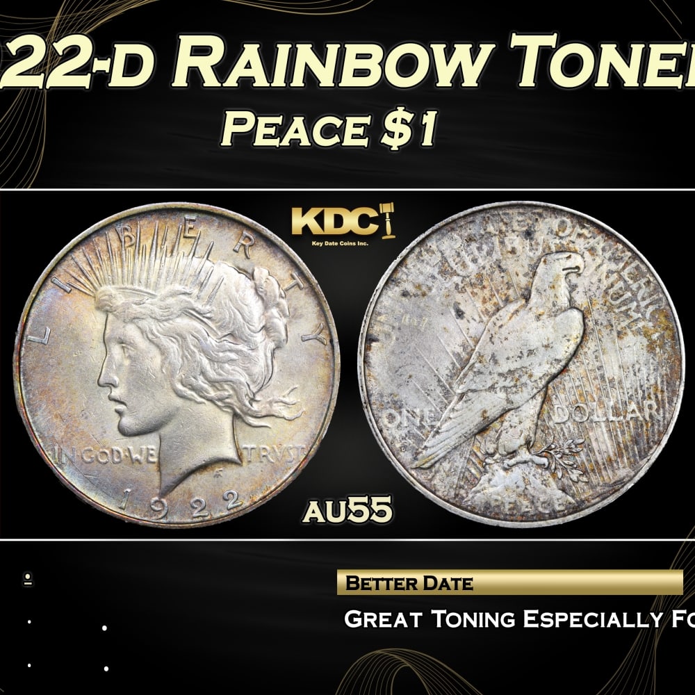 1922-d Peace Dollar Rainbow Toned $1 Grades au55: 1922-d Rainbow Toned Peace Dollar $1 Grades au55. 0 Historic precious metal trends is causing increased spot pricing by the day. On auctions with set openings, we are doing our best to have items pric