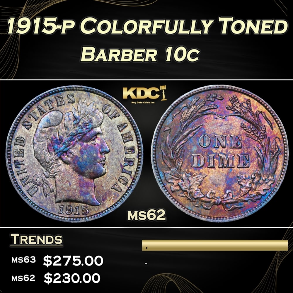 1915-p Barber Dime Colorfully Toned 10c Grades ms62 (1 of 3)