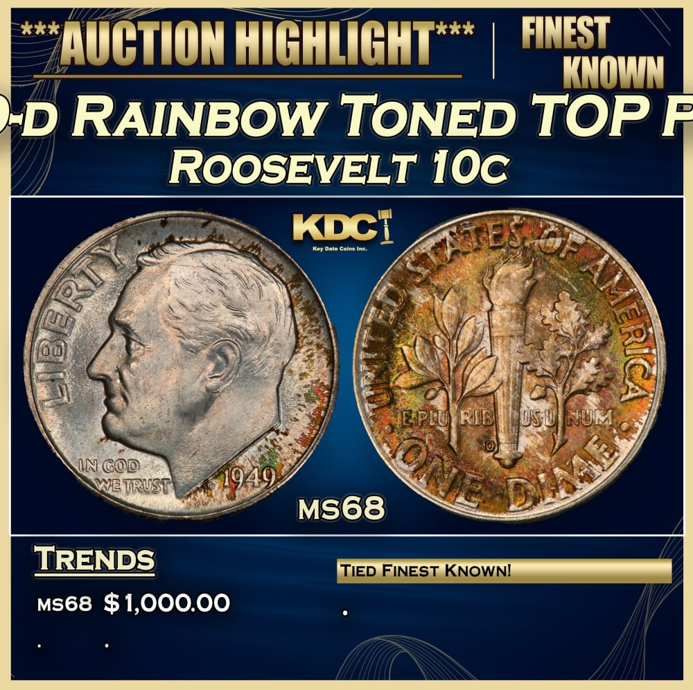1949-d Roosevelt Dime Rainbow Toned TOP POP! 10c ms68 SEGS: 1949-d Rainbow Toned TOP POP! Roosevelt Dime 10c ms68 SEGS. 0 Historic precious metal trends is causing increased spot pricing by the day. On auctions with set openings, we are doing our best to have