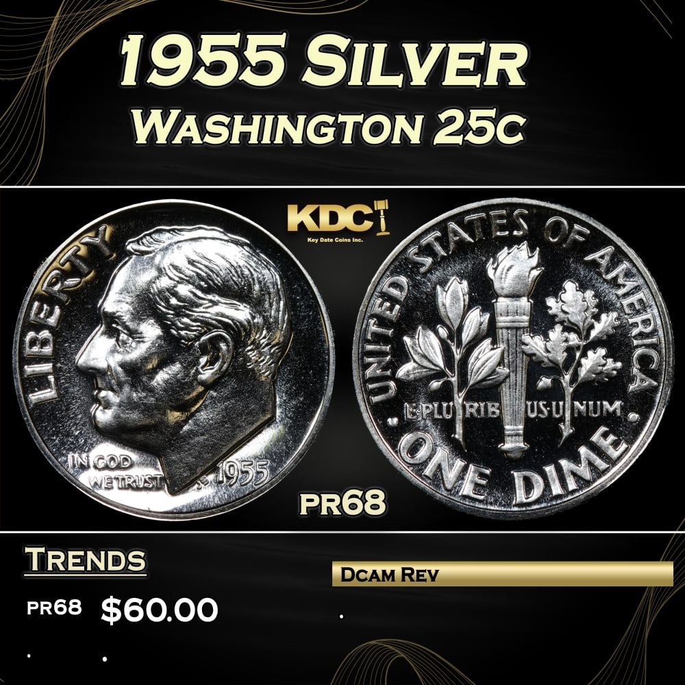 1955 Proof Washington Quarter Silver 25c Grades pr68: 1955 Silver Washington Quarter 25c Grades pr68. 0 Historic precious metal trends is causing increased spot pricing by the day. On auctions with set openings, we are doing our best to have items priced