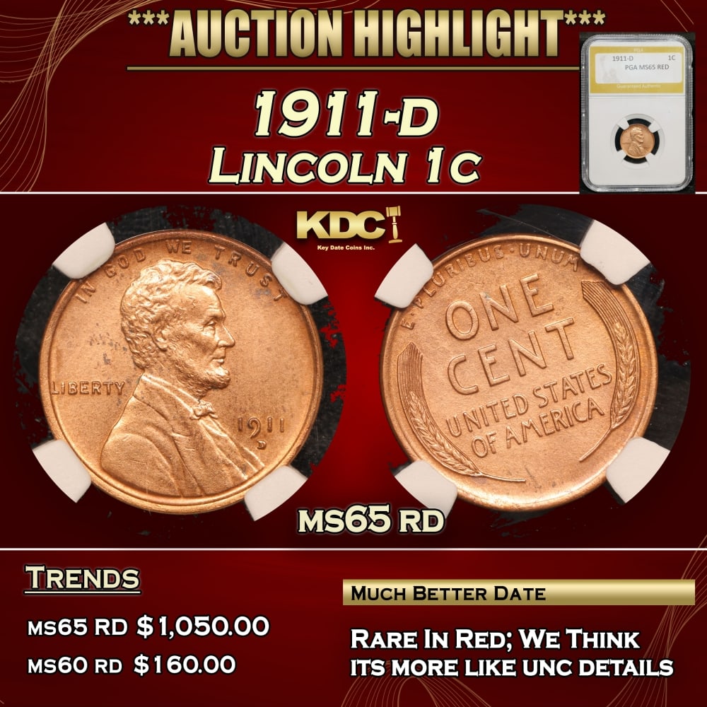 1911-d Lincoln Cent 1c ms65 rd PGA (1 of 5)