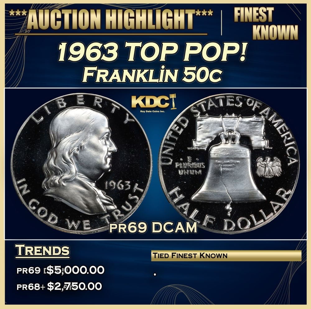 1963 Proof Franklin Half Dollar TOP POP! 50c pr69 DCAM SEGS: 1963 TOP POP! Franklin Half Dollar 50c pr69 DCAM SEGS. Historic precious metal trends is causing increased spot pricing by the day. On auctions with set openings, we are doing our best to have items p